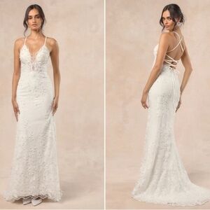 LULUS Bridal Elegant Sophisticated Sexy Floral Pearl Tieback Mermaid Gown